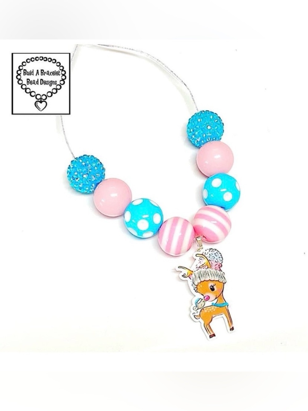 Handmade Winter Reindeer Holiday Pink Blue Adjustable  Length Necklace